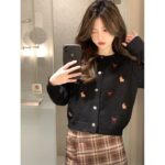 Embroidered Bow Sweet Sweater Women's Autumn and Winter Slim Right Shoulder Round Neck Cardigan Jacket Top - Image 2