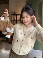 Embroidered Bow Sweet Sweater Women's Autumn and Winter Slim Right Shoulder Round Neck Cardigan Jacket Top - Image 5